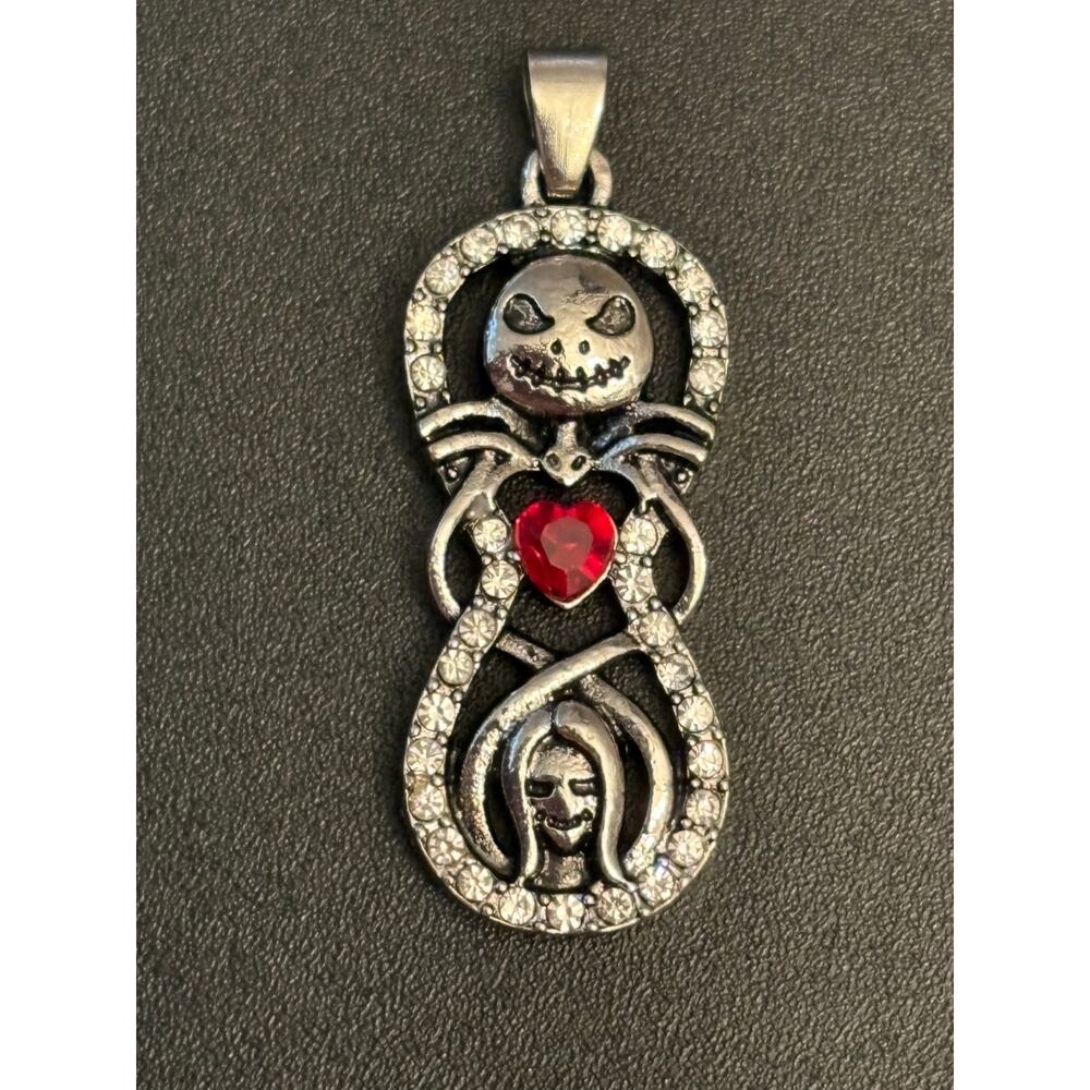 Vintage Halloween Gothic Skull Pendant with Red Heart Silver Tone